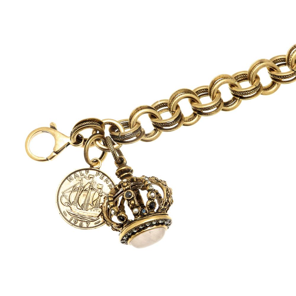 Bracciale con Corona e Moneta - Bracciale Artigianale in Ottone Dorato con Zaffiri, Perle e Quarzo Rosa (Codice: BR CORONA MONETA)