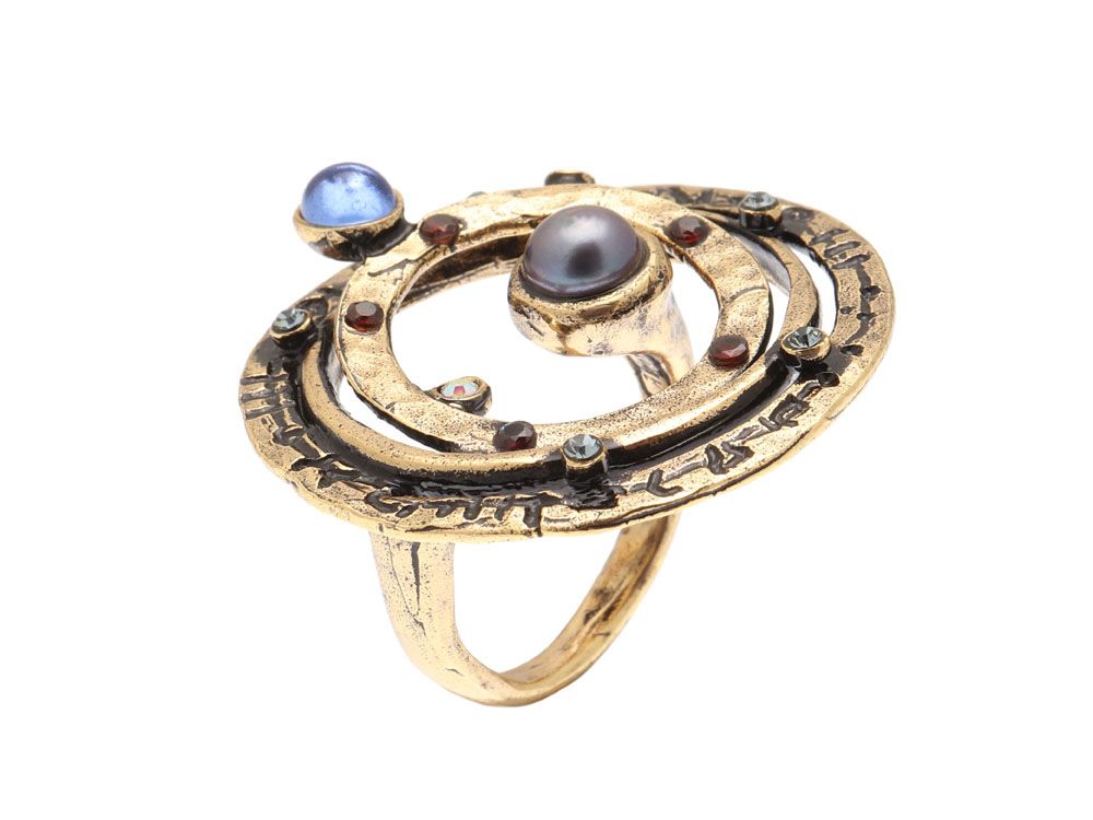 Anello Planetario - Anello con Cerchi Concentrici in Ottone Dorato e Perla Grigia (Codice: AN PL 01)
