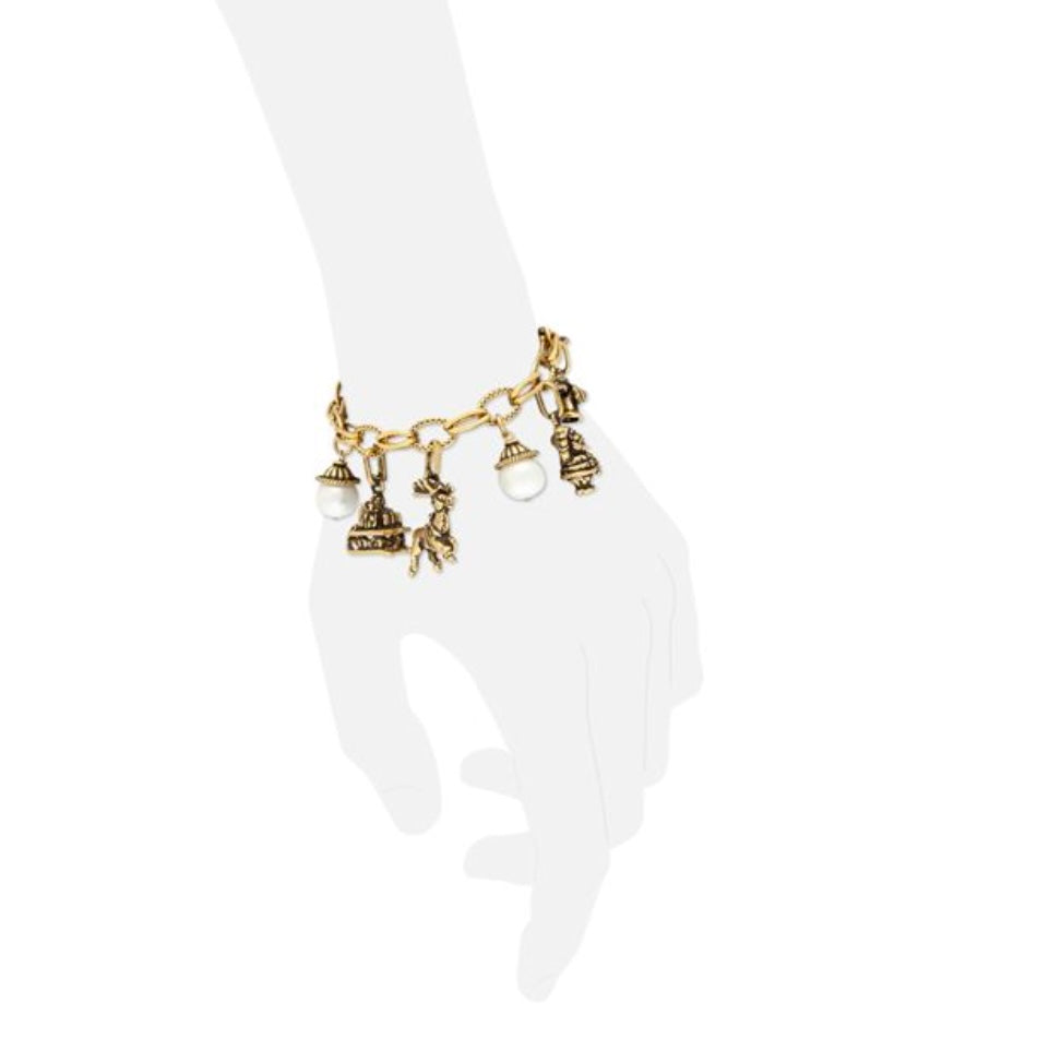 Bracciale Charms Natale - Bracciale Artigianale in Ottone Dorato con Perle, Corone e Granato (Codice: BR CHARMS NATALE)