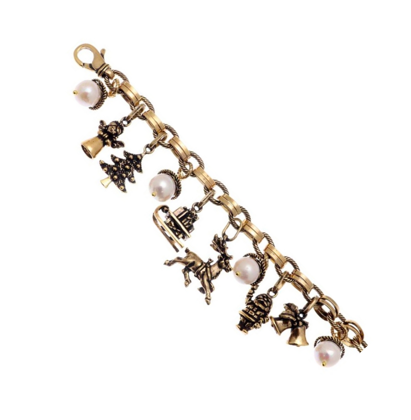 Bracciale Charms Natale - Bracciale Artigianale in Ottone Dorato con Perle, Corone e Granato (Codice: BR CHARMS NATALE)