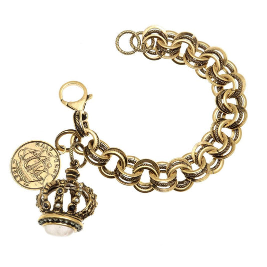 Bracciale con Corona e Moneta - Bracciale Artigianale in Ottone Dorato con Zaffiri, Perle e Quarzo Rosa (Codice: BR CORONA MONETA)