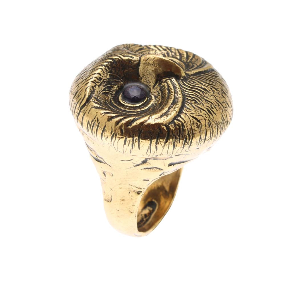 Anello Gufo Tondo - Gioiello Artigianale in Ottone Dorato con Occhi di Zaffiro (Codice: AN GFO 01)