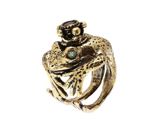 Anello Rospo Incoronato - Anello Artigianale in Ottone Dorato con Smeraldi e Granato (Codice: AN RI 01)