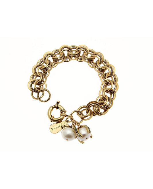 Bracciale 2 Perle - Bracciale Artigianale in Ottone Dorato con Perle e Strass (Codice: BR 2P)